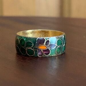 Floral Enamel Ring in Green and Purple size 6.5